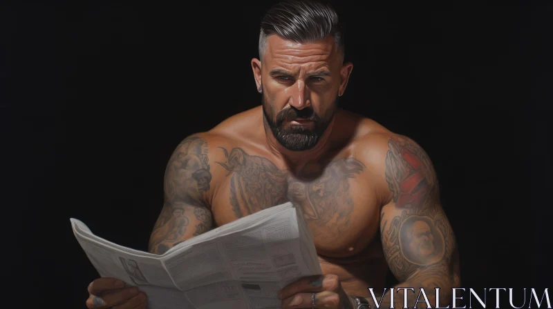 Muscular Man Reading Newspaper in Dark Room AI Image