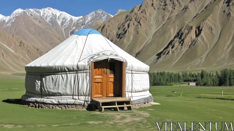 Nomadic Charm: A Captivating Yurt in a Mountainous Landscape AI Image