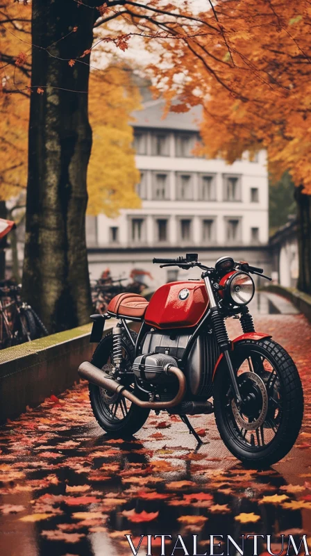 AI ART Red BMW Motorcycle Parked on Street in Autumn - Photorealistic Cityscape