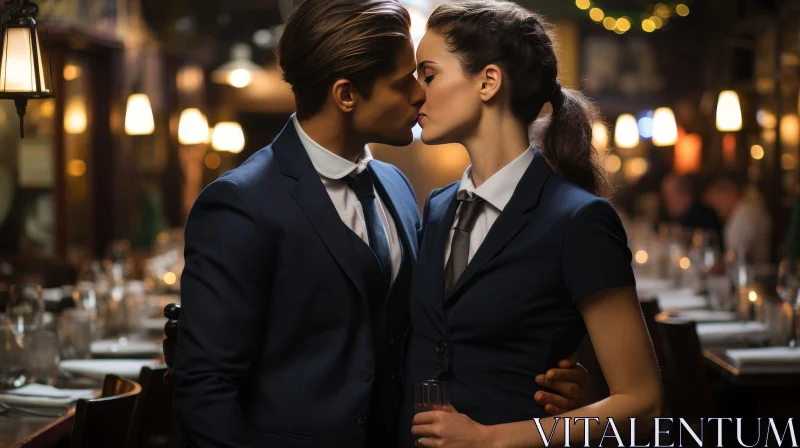 Romantic Couple Kiss in Restaurant AI Image