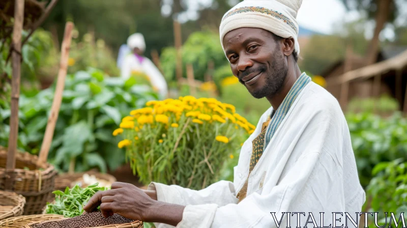 Smiling African Man in Green Field with Coffee Beans AI Image