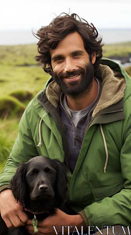 Smiling Man with Dog on Green Field Portrait AI Image