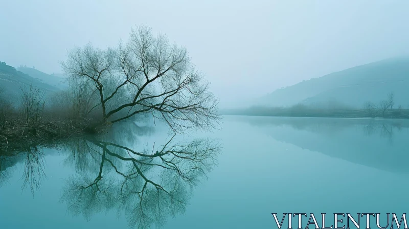 Tree Reflection in Serene Water with Mountain Background AI Image