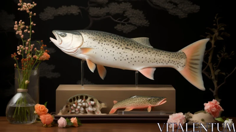 AI ART Trout Still Life with Flowers - Serene Natural Composition