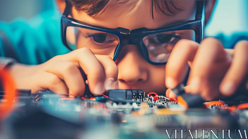 Young Boy Soldering Component on Electronic Circuit Board AI Image