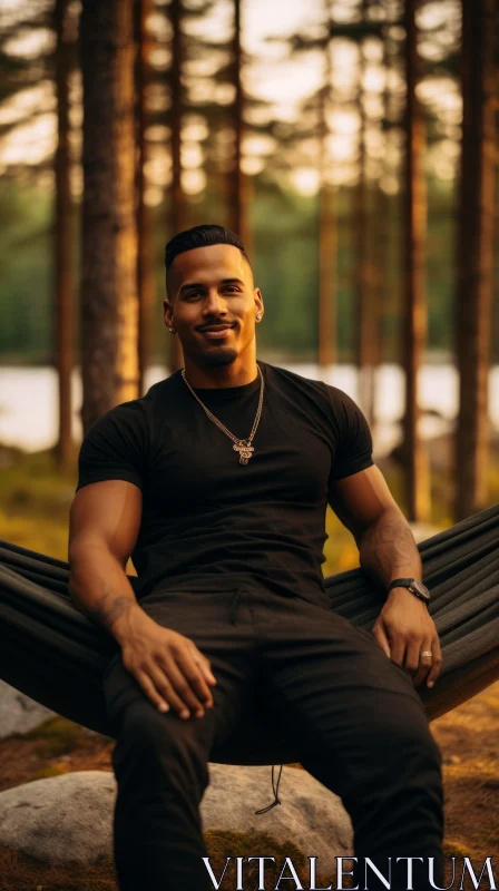 Young Man Relaxing in Hammock in Forest AI Image