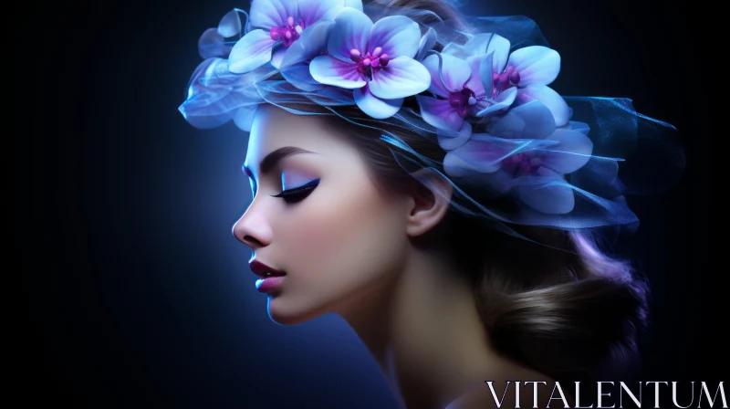 Young Woman with Blue Eyes and Orchids in Purple Wreath AI Image