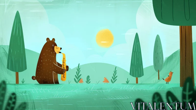 Bear Playing Saxophone in Forest AI Image