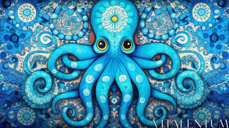 Blue Octopus Digital Painting with Mandala Background AI Image
