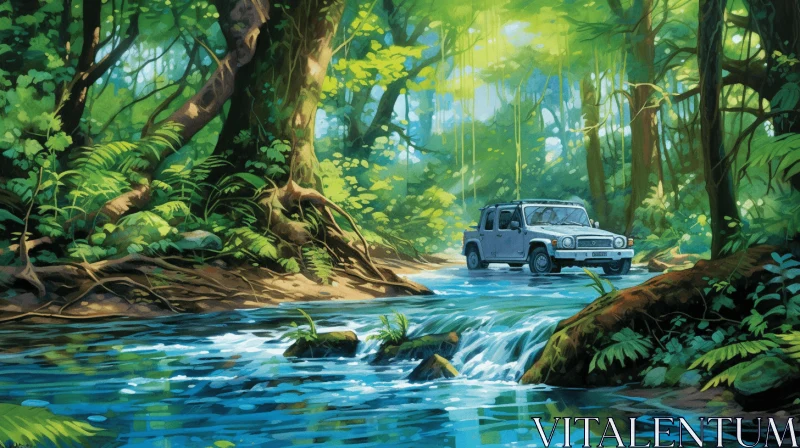 Captivating Oil Painting of SUV on River in Forest AI Image