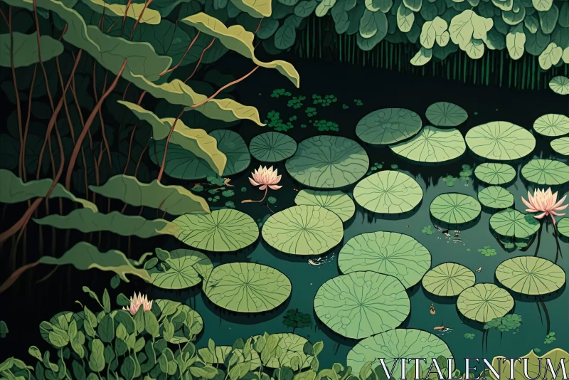 AI ART Captivating Pond Illustration with Water Lilies - Darkly Detailed Graphic Design Style