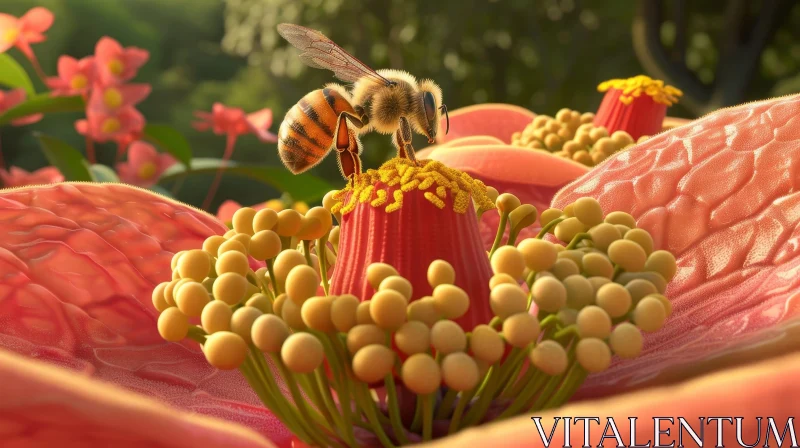 Close-up Bee Pollinating Red Flower AI Image