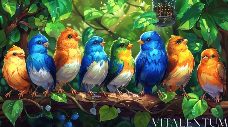 AI ART Colorful Birds on Branch in Lush Forest