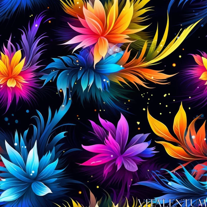 Colorful Flower Pattern on Black Background AI Image