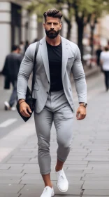 Confident Man in Gray Suit Walking City Street
