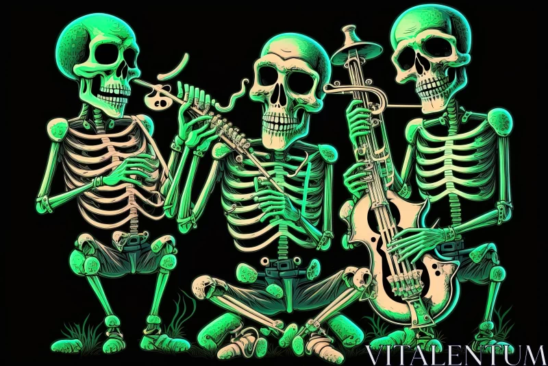 Emerald Skeletons Playing Music on a Black Background AI Image