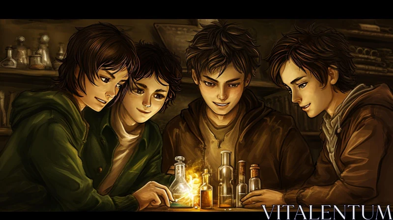 Enigmatic Digital Painting of Four Young Wizards AI Image