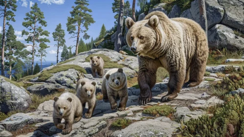 Family of Bears in Rocky Landscape Painting