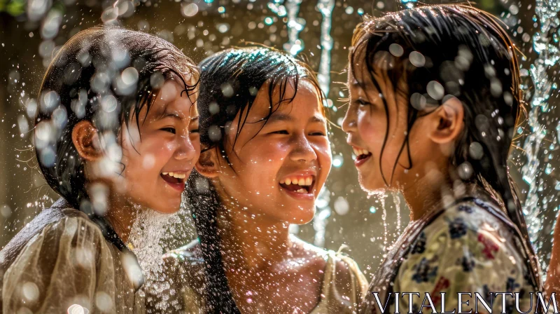 Joyful Asian Girls Playing Under Fountain | Wet Hair Smiles AI Image