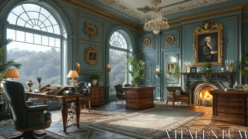 Luxurious Study with Bay Window and Fireplace AI Image