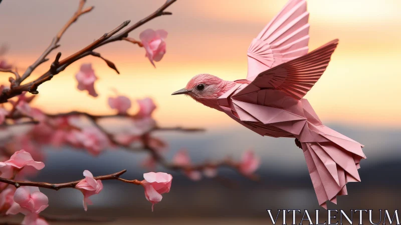 Pink Origami Bird and Cherry Blossoms in Flight AI Image