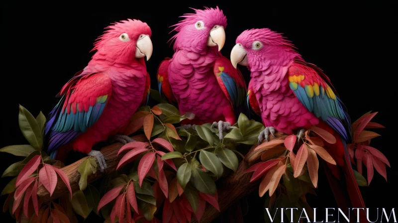 Pink Parrots on Branch - Tropical Bird Photography AI Image