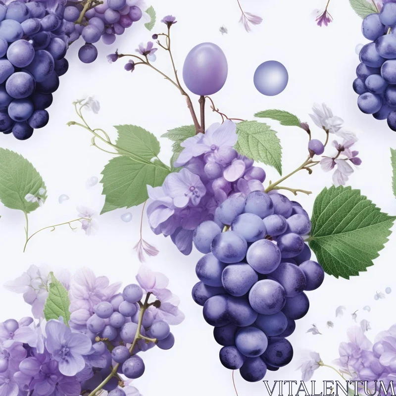 Purple Grapes and Hydrangea Flowers Seamless Pattern AI Image