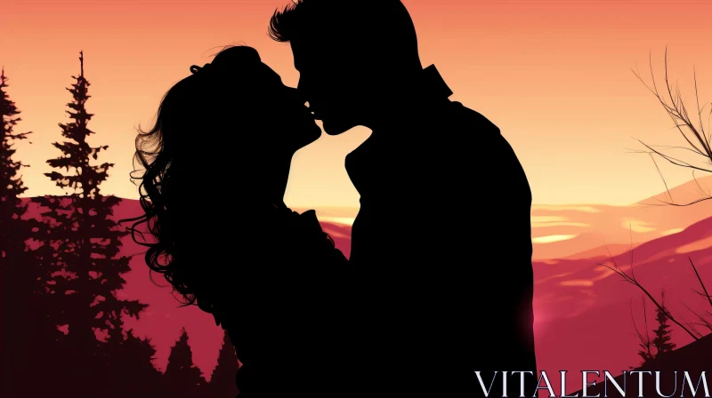 AI ART Romantic Sunset Silhouette Kiss