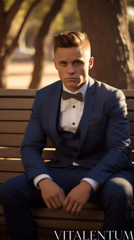 Serious Young Man in Blue Suit on Park Bench AI Image