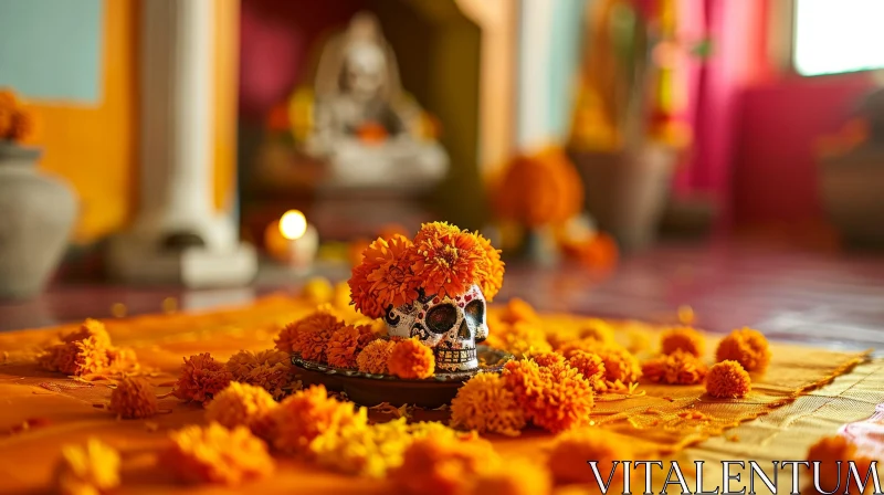 Still Life: Skull with Marigold Flowers on Black Plate AI Image