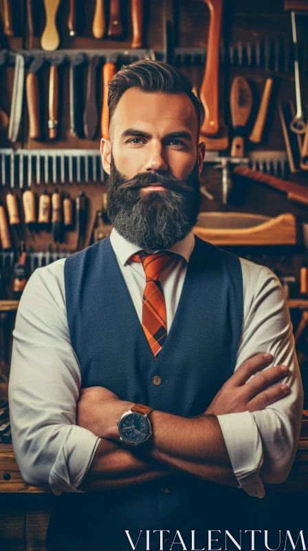 Stylish Bearded Man in Workshop AI Image