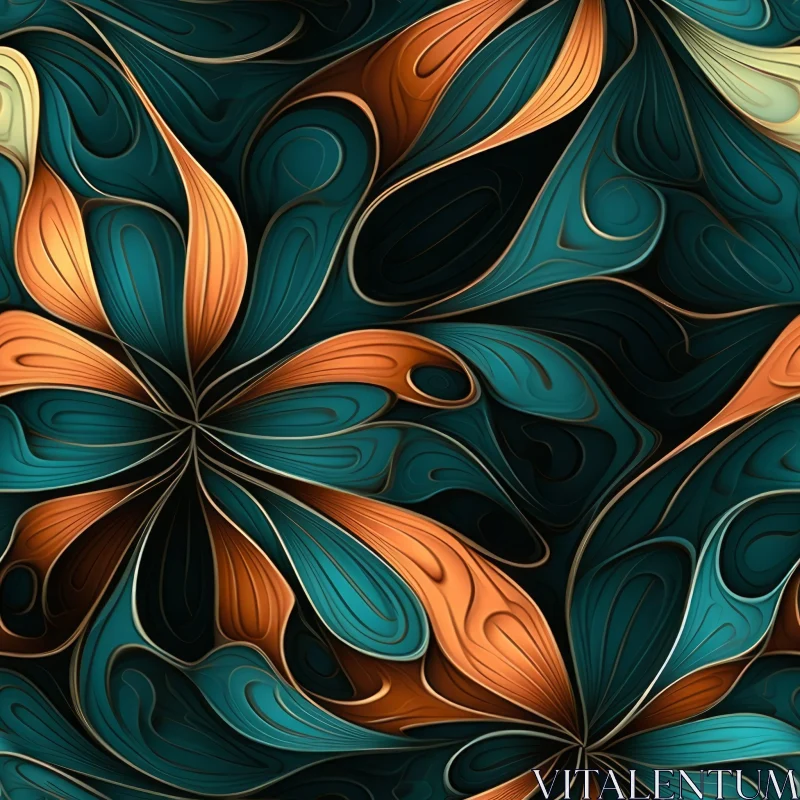AI ART Teal and Orange Flowers Seamless Pattern