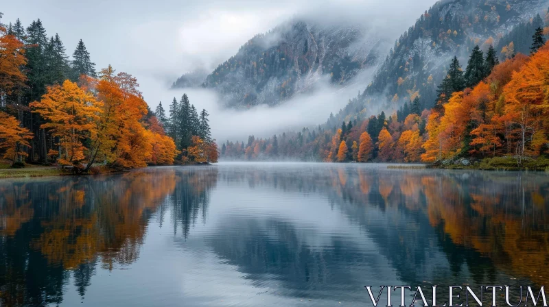 Tranquil Mountain Lake Scene with Autumn Foliage AI Image