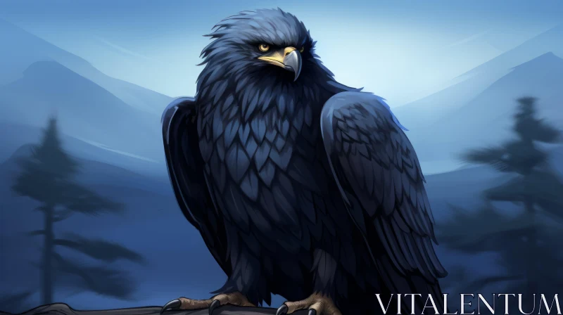 Black Eagle on Rock - Digital Painting in Mountain Landscape AI Image