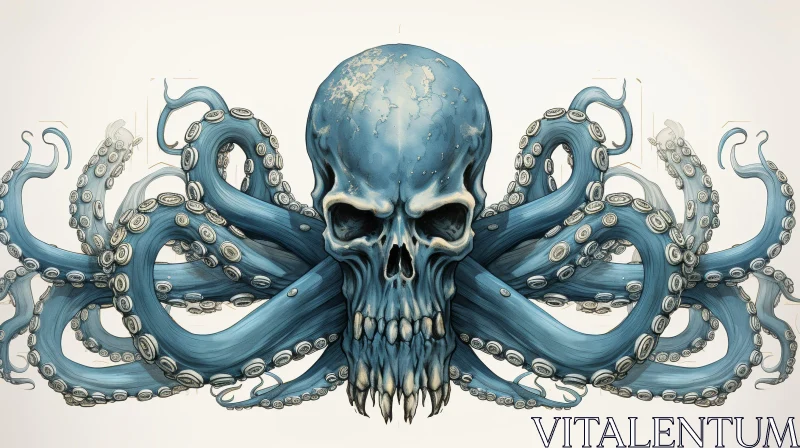 AI ART Blue and White Skull with Octopus Tentacles - Digital Painting