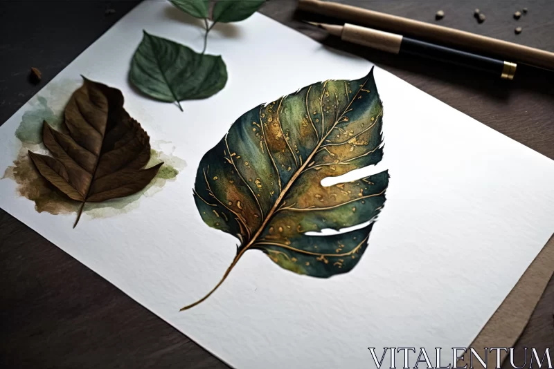 Captivating Watercolor Leaf Painting with Gold Pens | Indonesian Art AI Image