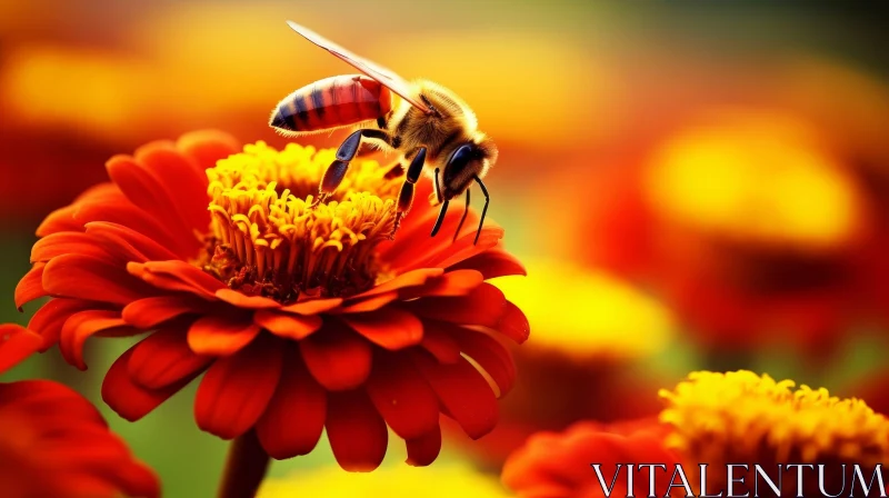 Close-up Honeybee on Red Zinnia Flower AI Image