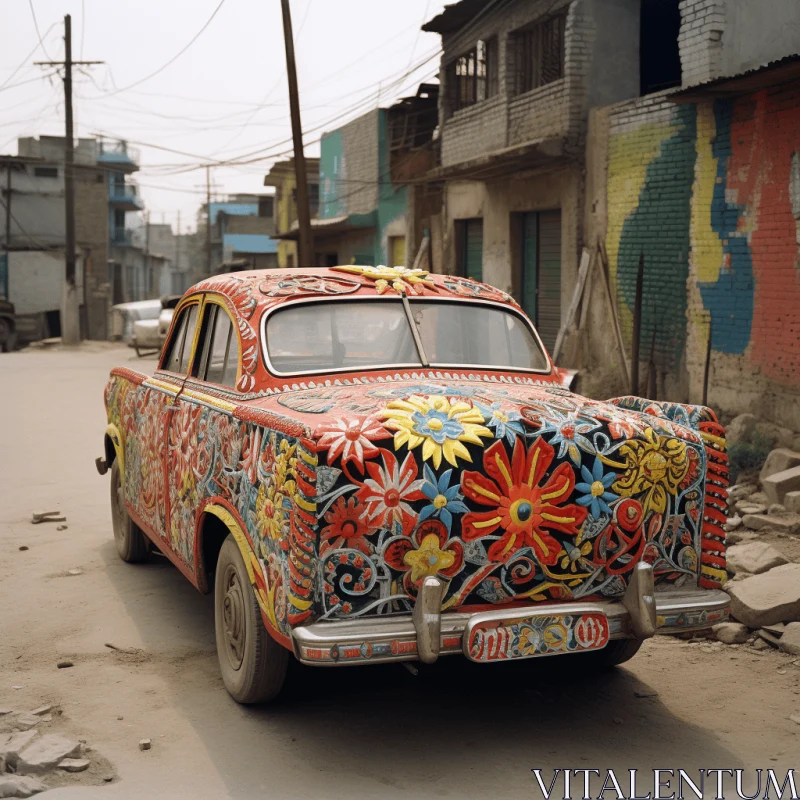 Colorful Car with Floral Motifs in Rural China AI Image
