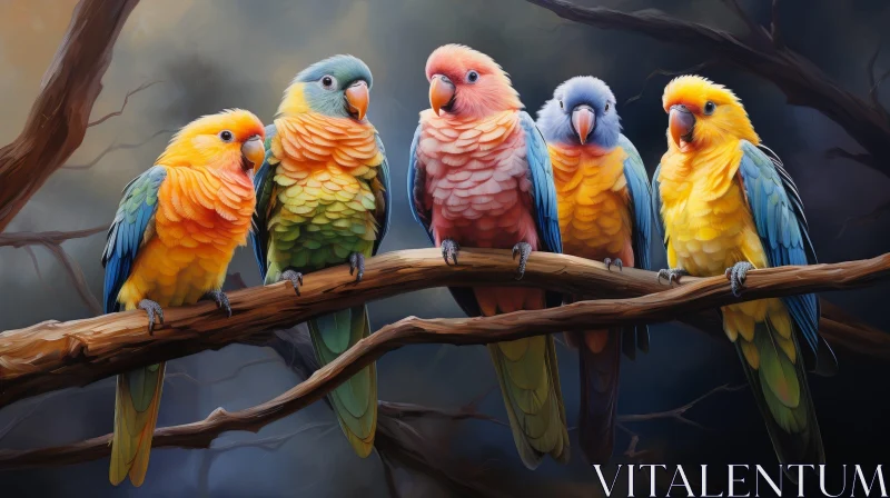 AI ART Colorful Parrots Perched on Branch - Detailed Nature Image