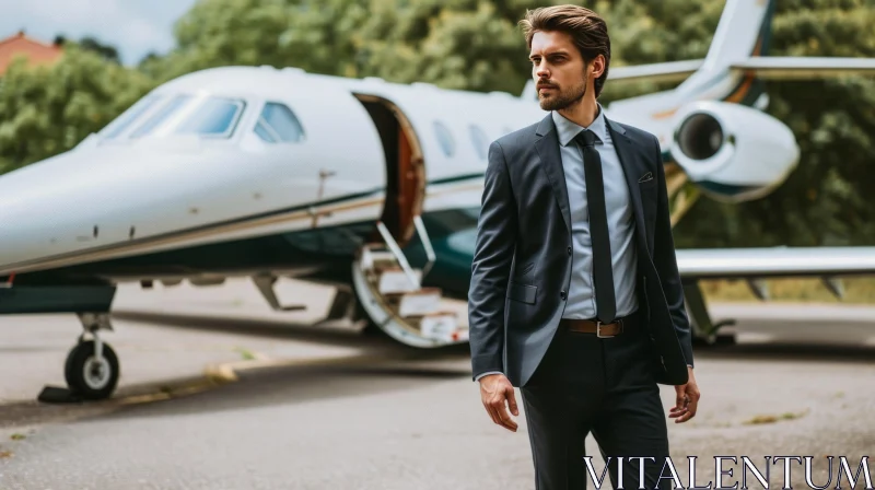 Confident Businessman Walking Towards Private Jet AI Image