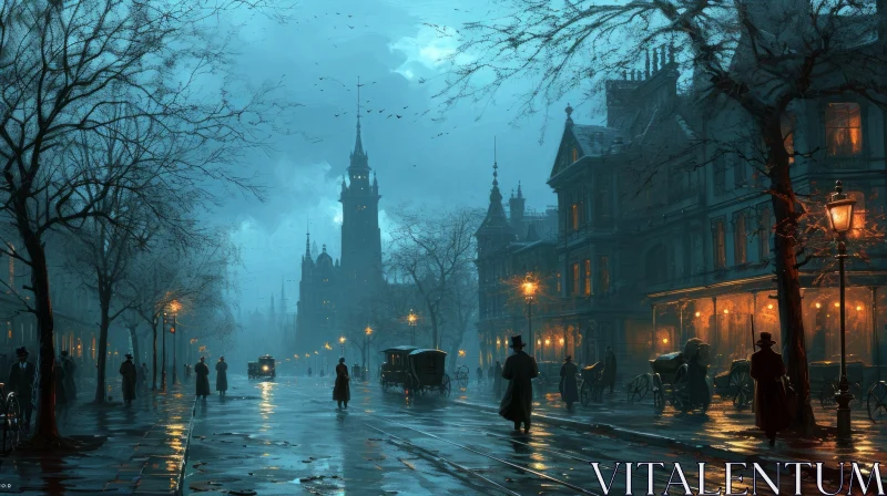 Enchanting Victorian City Night Painting with Gas Lamps AI Image