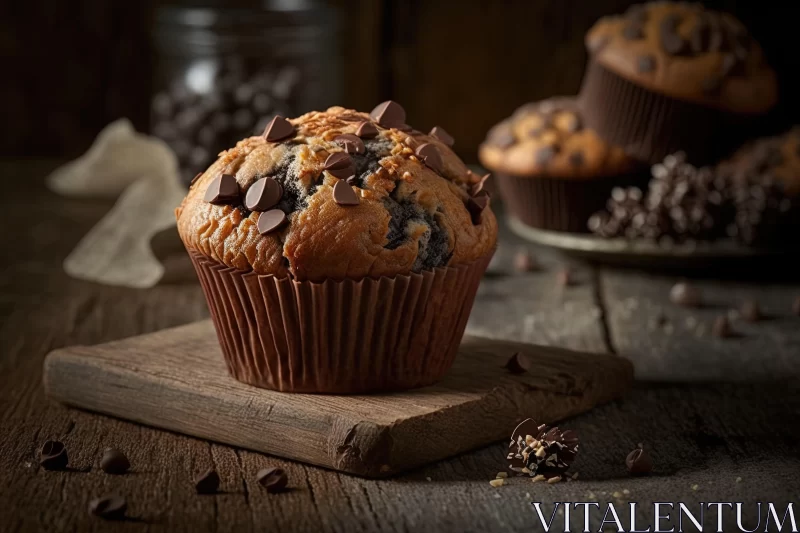 Exquisite Chocolate Chip Muffin on Wooden Board | Dark Blue | 8k Resolution AI Image