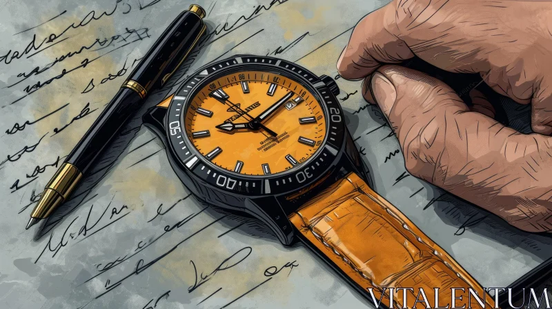 Exquisite Drawing of a Wristwatch on a Leather Strap AI Image