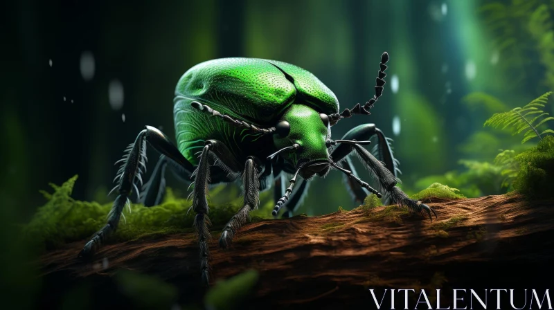 Green Beetle Digital Painting in Dark Forest AI Image