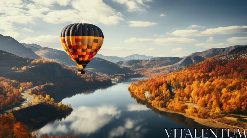 Hot Air Balloon Ride Over Snowy Mountains and River AI Image