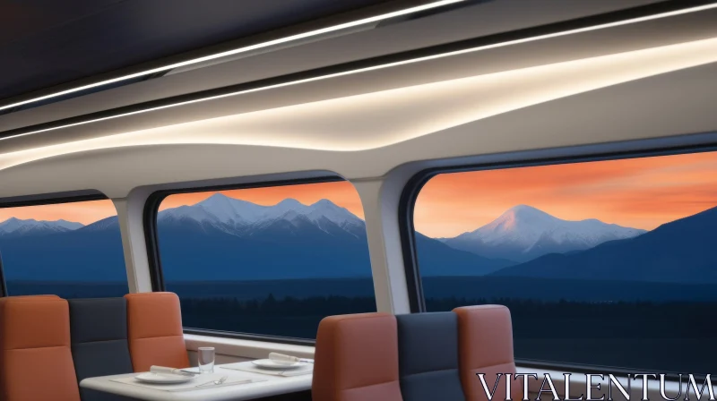 Modern Train Interior with Mountain View at Sunset AI Image
