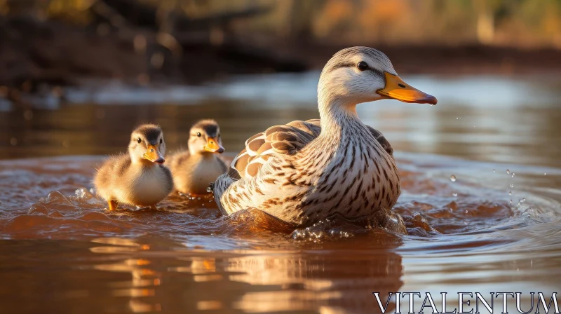 Mother Duck and Ducklings at Sunset AI Image