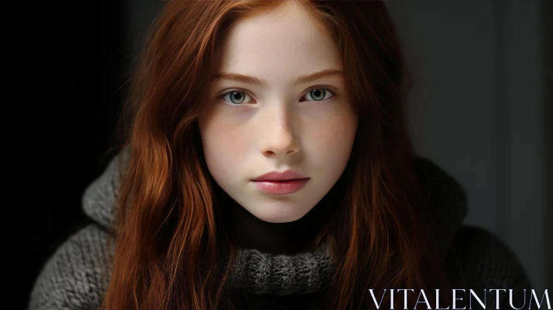 Serious Young Girl Portrait with Red Hair and Green Eyes AI Image