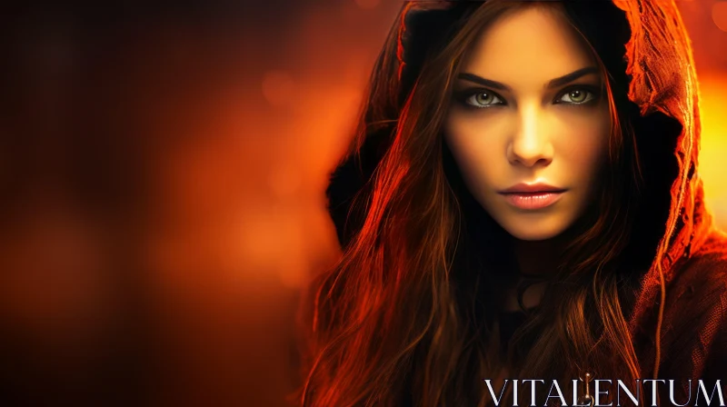 Serious Young Woman Portrait in Red Hood AI Image