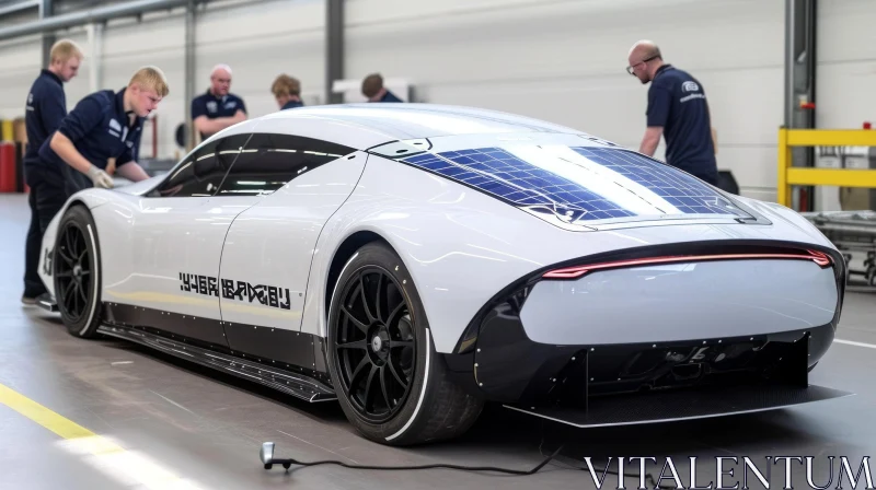 Sleek and Futuristic Solar-Powered Car in Garage | Engineers at Work AI Image